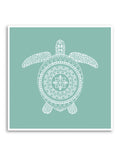 Turquoise and white sea turtle print with mandala pattern on its shell
