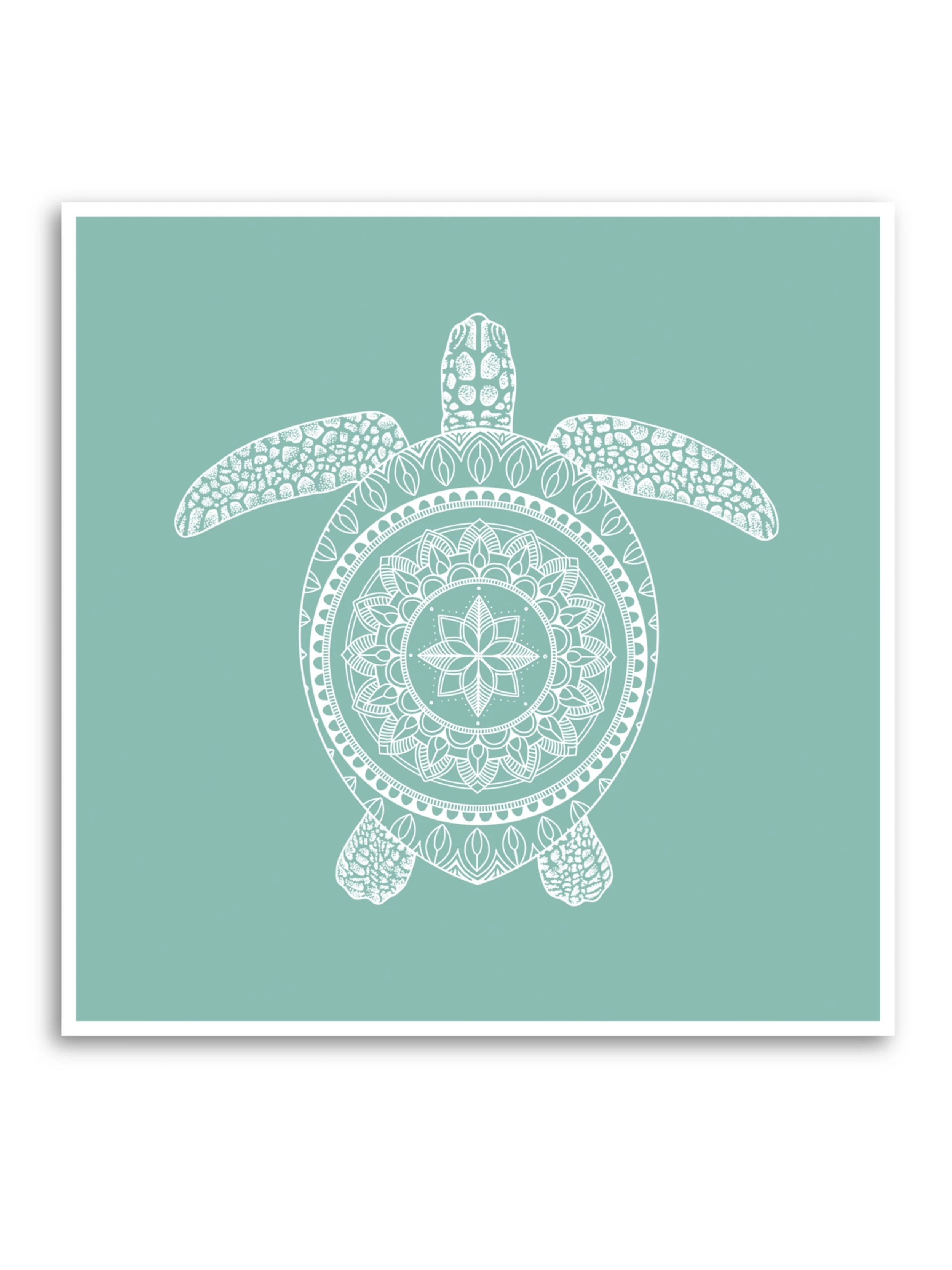 Turquoise and white sea turtle print with mandala pattern on its shell