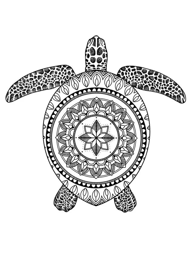 Black sea turtle print with mandala pattern on its shell